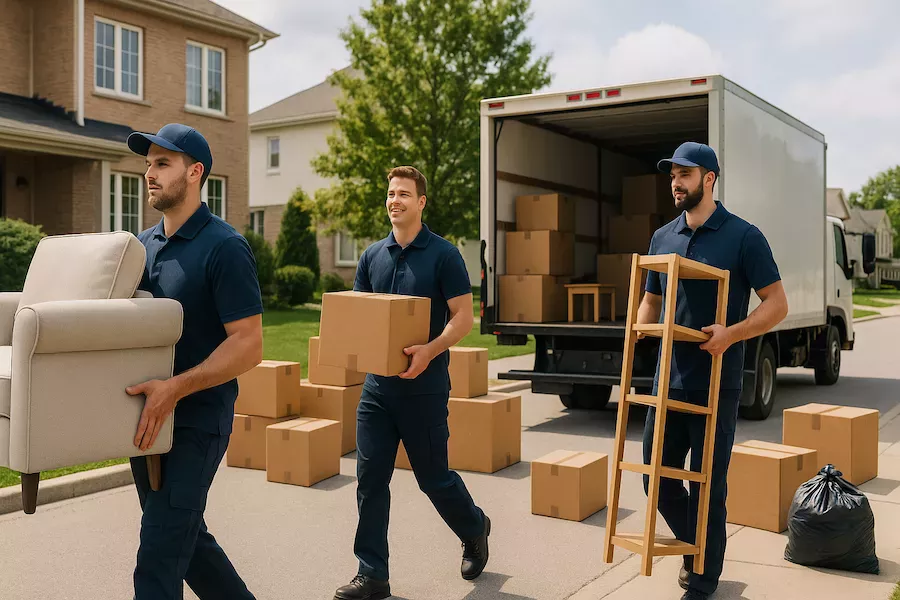 Flyttfirma bär möbler och kartonger under flyttdag i bostadsområde